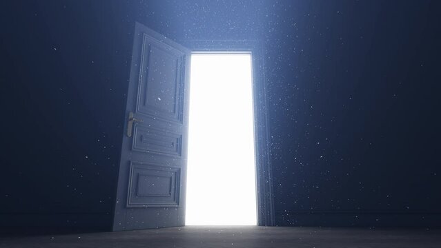 Door opening to the bright light space with sparkles and rays of light. A door to another bright space for hope, freedom, future. 3d 