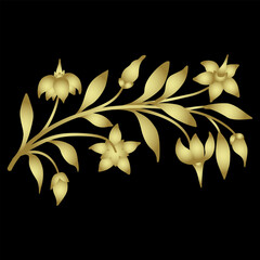 Blooming branch of nightshade plant. Beautiful floral design. Golden glossy silhouette on black background.
