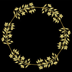 Round floral frame or circular botanical border. Wreath of blooming branches of nightshade plant. Golden glossy silhouette on black background.