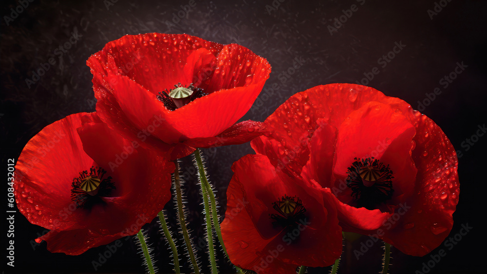 Poster red poppies on a dark background with drops of dew generative ai