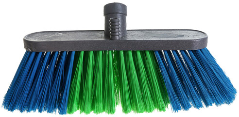 colored household broom brush for home and car with a plastic handle and a scraper for a snow plow
