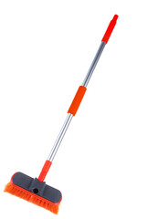colored household broom brush for home and car with a plastic handle and a scraper for a snow plow