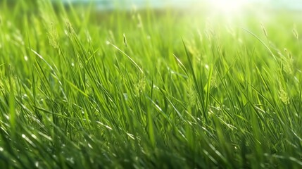 Obraz premium Water droplets on blades of grass in macro view. Generative ai