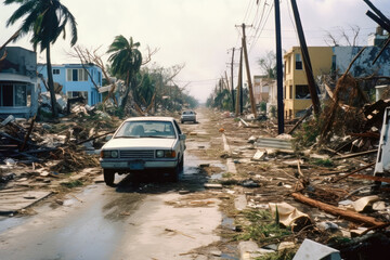 Whole neighborhood destroyed by a hurricane. Aftermath of a hurricane damaged houses and vehicles. Generative AI