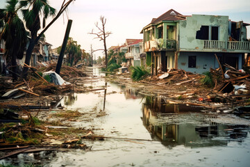 Obraz premium Whole neighborhood destroyed by a hurricane. Aftermath of a hurricane damaged houses and vehicles. Generative AI