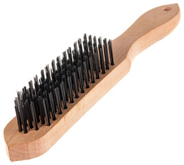 metal brush for cleaning metal with a plastic and wooden handle on a white background