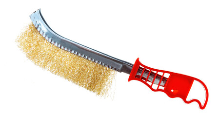 metal brush for cleaning metal with a plastic and wooden handle on a white background