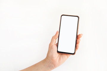 female hand holding a phone on a white background, horizontal