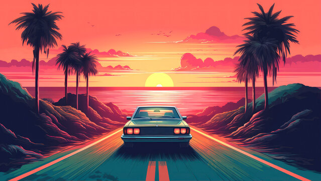 80's Retro car in 3D virtual reality. Sunset outrun landscape in vintage style. 1980s vibes. generative ai