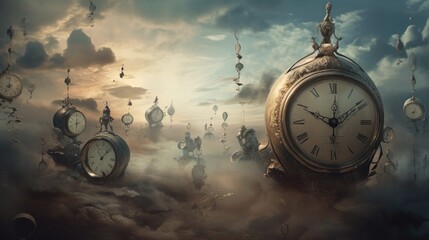 Surreal unearthly landscape with vintage clock among the clouds. Generative AI