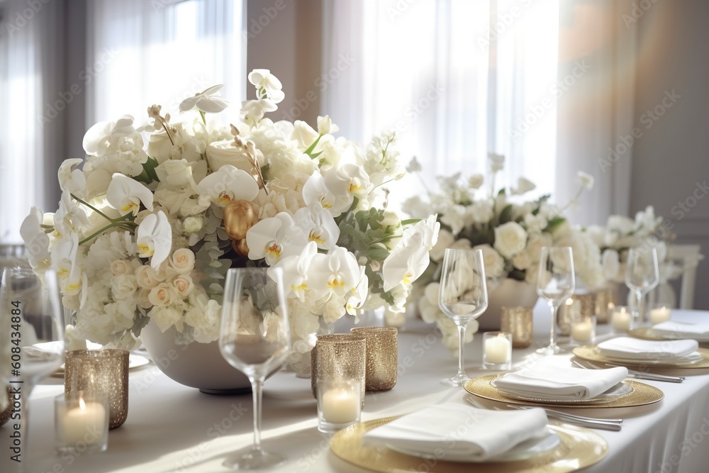 Wall mural detail of the beautiful decoration of the centerpieces of a wedding, with floral touches, in a brigh