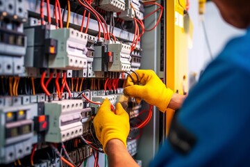 An electrical technician makes wire connections in a lead box. Ai generated.