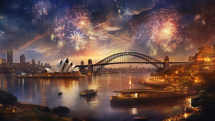 Naklejka premium Sydney Opera House and Sydney Harbour Bridge with Fireworks, Australia generative ai