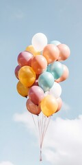 Colorful balloons floating on blue sky background. Ai generated.