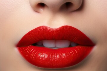 Detail of the red lips of a beautiful woman in a sensual pose. Ai generated.