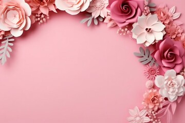 Flat pink background with flower frame, copy space. Ai generated.