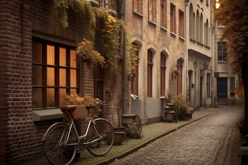 Quiet Dutch street in Amsterdam, with its traditional bicycles. Ai generated.
