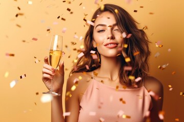 Pretty woman enjoying a glass of champagne among confetti. Ai generated.
