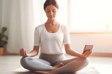 Single young woman practices yoga in her luxurious home. Ai generated.