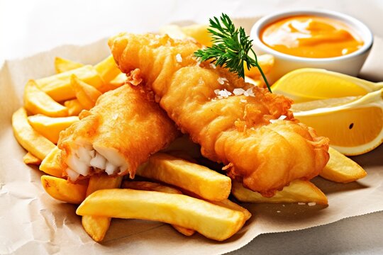 Typical English fish and chips. Ai generated.
