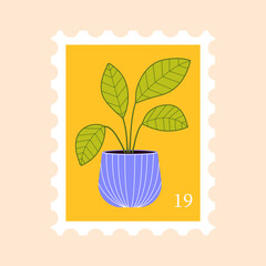 Postage stamp vector flat illustration. Post mark with houseplant.