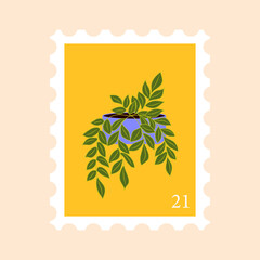 Postage stamp vector flat illustration. Post mark with houseplant.