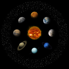 Naklejka premium Solar system planets, Sun and asteroid belt isolated on black. Elements of this image furnished by NASA.