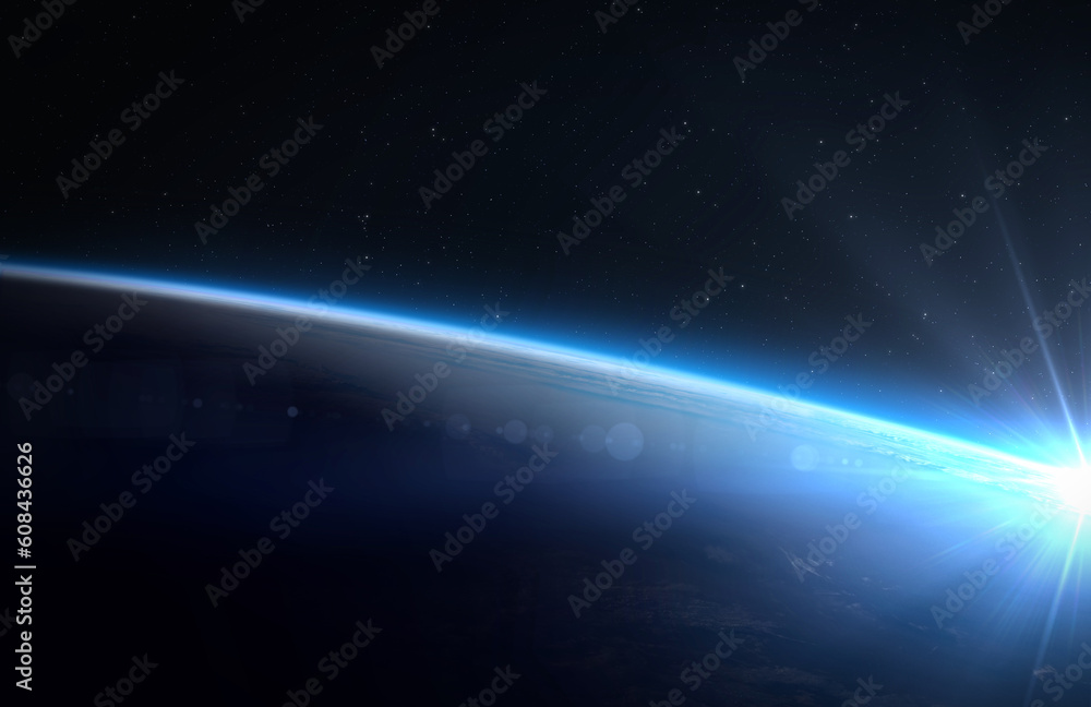 Wall mural earth, sun, star and galaxy. beautiful planet earth seen from space, aerial view. near space photogr