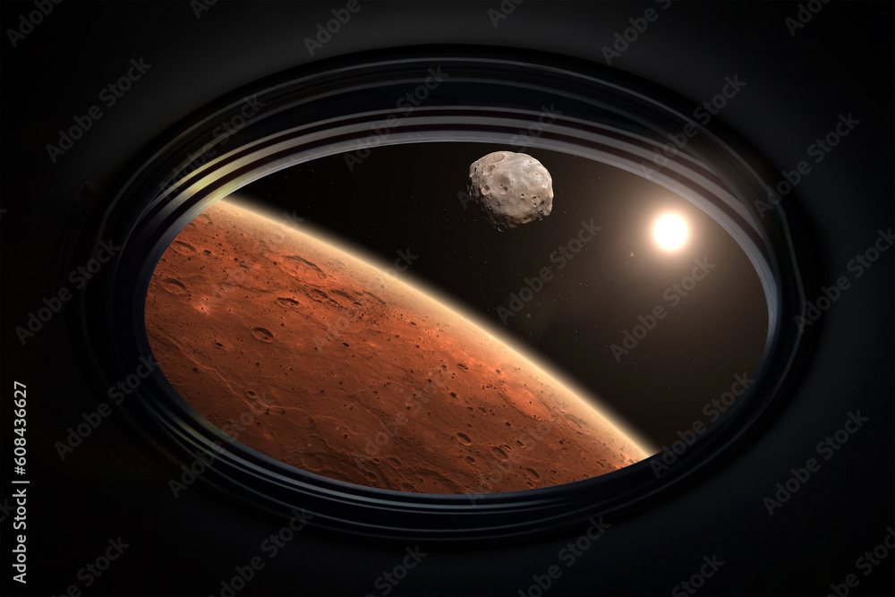 Canvas Prints view from porthole of a spaceship to mars with its moon phobos. phobos is the natural satellite of m