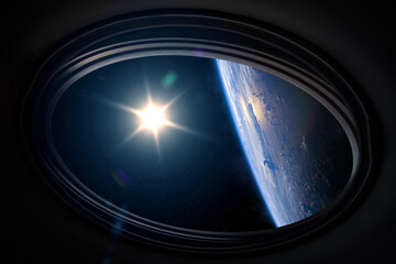 Earth planet in spaceship window porthole. Spaceship flies near the amazing blue planet earth, view from the porthole. Travel and tourists in space, concept. Elements of this image furnished by NASA. © revers_jr