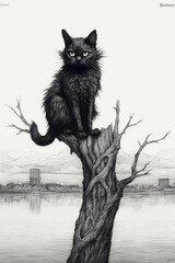 Obraz premium A black cat sitting on a tree. AI generative