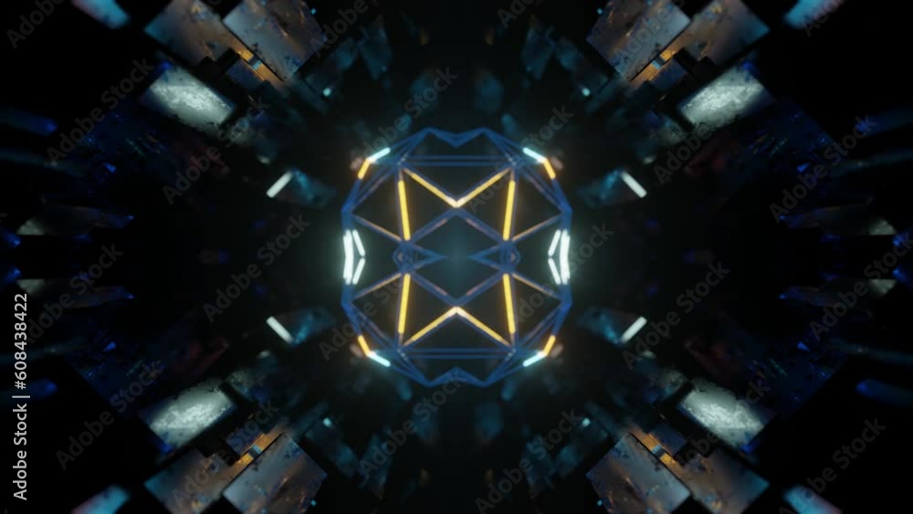 Poster symmetrical 3d object or structure rotates and moves inside glass mirror tunnel with neon light, bri