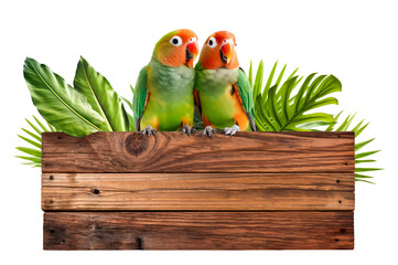 two lovebirds / parrots sitting on a wooden sign in front of tropical foliage, isolated over transparency, cut-out vacation, beach, summer, jungle or pirates' island design element, generative AI - 608439042