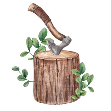 recommend clip art: Ax in the stump. Watercolor hand drawn illustration of an old ax in a tree stump. For designing a design composition on the theme of tourism and hiking.