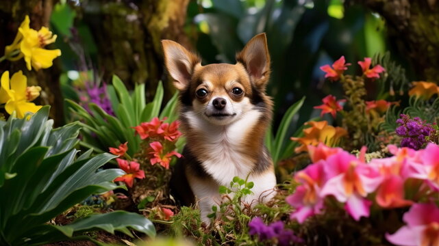 Cute chihuahua dog in tropical forest, generative ai