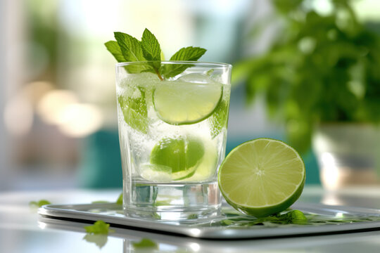 Mojito, traditional Cuban cocktail made with white rum, sugar, lime juice, sparkling water, and mint leaves. Generative AI.