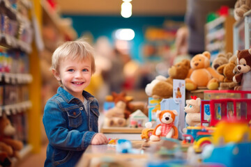 Young boy buying toys at the toy store. Generative AI - obrazy, fototapety, plakaty