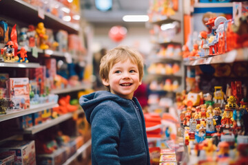 Young boy buying toys at the toy store. Generative AI - obrazy, fototapety, plakaty