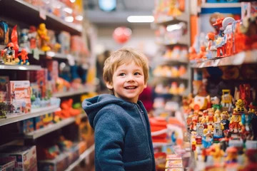 Fotobehang Young boy buying toys at the toy store. Generative AI © MVProductions