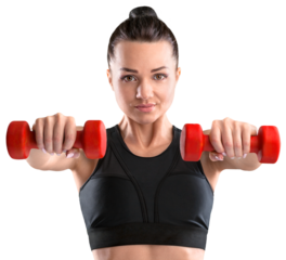 Sporty young woman training with dumbbells, pumping up muscles of hands