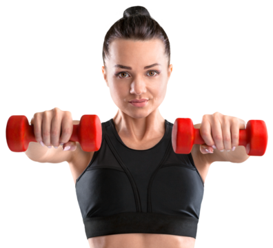 Sporty young woman training with dumbbells, pumping up muscles of hands