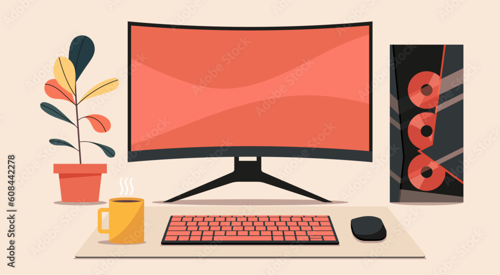 Poster home office workspace concept, blank curve screen desktop computer on desk with gaming cpu, keyboard