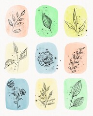 Set of watercolor botanical illustration icons with leaves and twigs, flowers, in light pastel colors, black contour abstract digital freehand drawing.