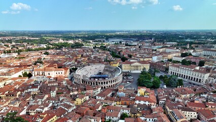 Fototapeta na wymiar Aerial view of Verona with the Verona Arena in the center. Veneto, Italy