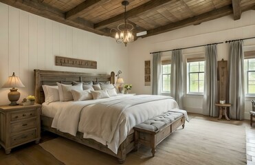 Fototapeta na wymiar Double bedroom, farmhouse-style interior design