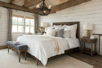 Fototapeta na wymiar Double bedroom, farmhouse-style interior design