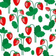 Seamless pattern with growing strawberries. Ripe berry with leaves. Vector graphics.