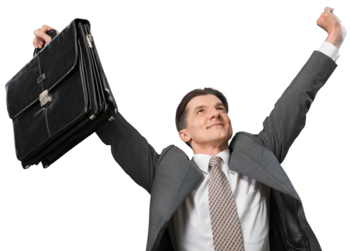 Happy cheerful businessman raises up his hands as a sign of victory success
