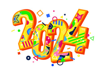 2024 colorful inscription for New Year celebration. Bright design template concept for banners, websites. New Year greeting card.Vector illustration of 2024.
