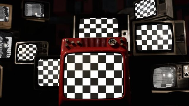 Flags with a Black-and-white Chequered Pattern (Chequered Flag or Checkered Flag) and Vintage Televisions. 4K Resolution.